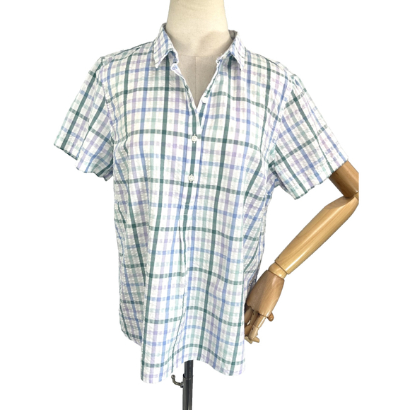 LL Bean Vacationland Seersucker Shirt Womens Medium Plaid 1/2 Button Top - Picture 1 of 13
